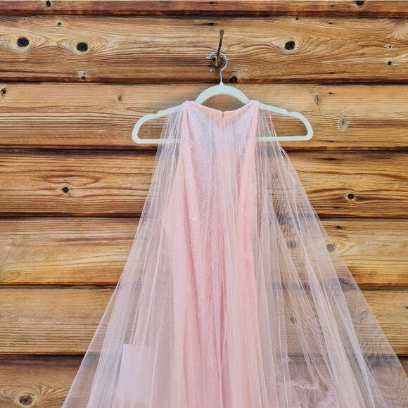 MAC DUGGAL 68252 Light Pink Tulle High Neck Sleeveless Ruffled Hem Hi-Low Gown - Picture 15 of 16